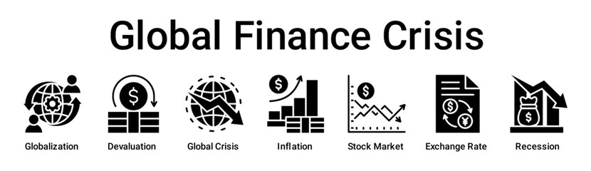 Global Finance Crisis banner web icon vector illustration concept for business with icon of Globalization, Devaluation, Global Crisis, Inflation, Stock Market, Exchange Rate.