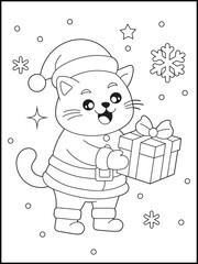 Happy Christmas, Cat Holding a Gift Box. Fun Holiday Coloring Page for Kids