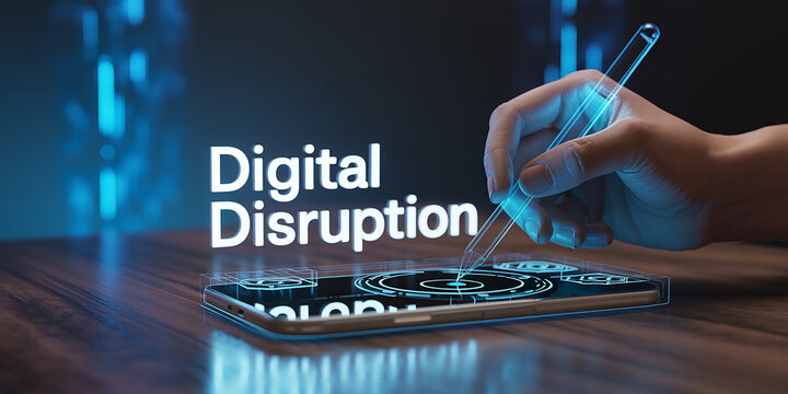 Hand using stylus on digital disruption interface on phone