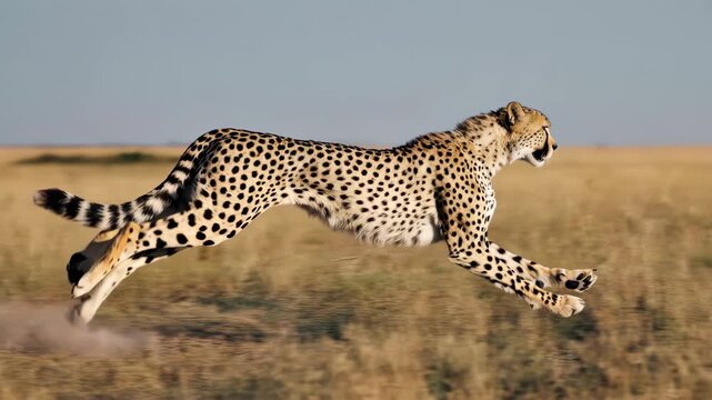 A majestic cheetah in mid-air, captured running at high speed across the dry African savanna.