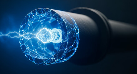 An electrifying display of energy pulsates, showcasing a network connection, illuminated by a brilliant blue light and sparked with bolts of electricity.