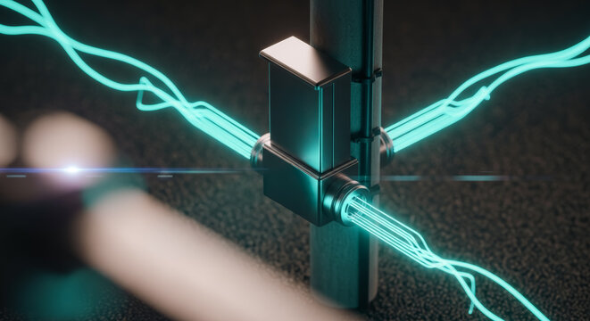 A captivating macro shot of a technological node, where electrical currents converge with luminous light in a dazzling display of modern innovation.  - Powered by Adobe