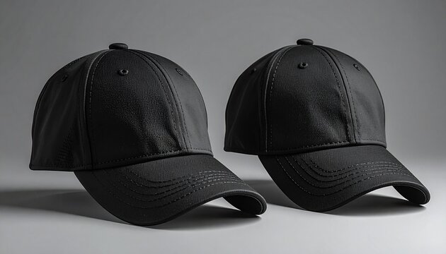 Two black baseball caps on gray background.
