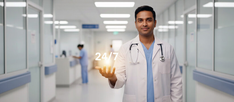 South Asian Doctor Presenting 24/7 Medical Service in Modern Hospital