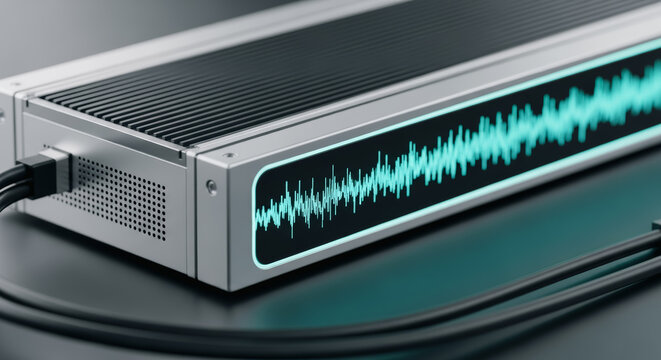 A sophisticated audio device showcases a vibrant sound wave, embodying the fusion of technology and sonic art. Its sleek design hints at advanced digital sound processing and audio visual technology.