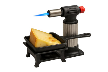 Melting raclette cheese with culinary blowtorch, transparent background