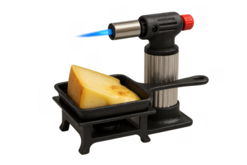 Melting raclette cheese with culinary blowtorch, transparent background