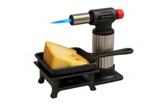 Melting raclette cheese with culinary blowtorch, transparent background