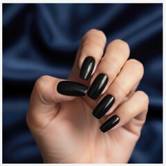 Close-up of a hand with long black glossy acrylic nails against a smooth blue background, showcasing bold manicure style.