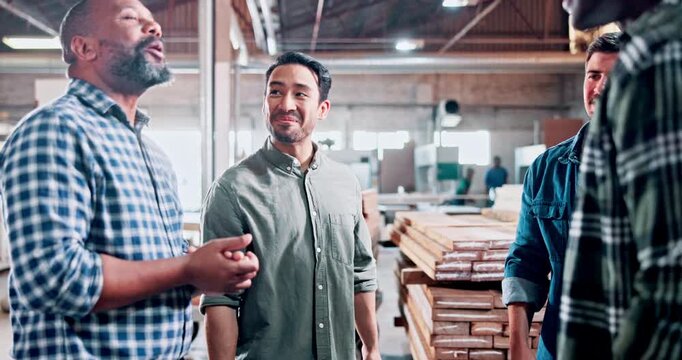 Handshake, applause and carpenter with people in warehouse for furniture deal, woodworking or agreement. Manufacturing partner, shaking hands and project contract with employees for timber production