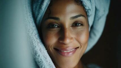 Close-up of a smiling woman with a towel wrapped around her head, like after a shower.