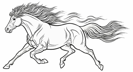 Majestic Horse Galloping with Flowing Mane and Tail in Detailed Line Art.