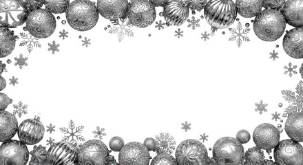Elegant Silver Christmas Ornaments and Snowflakes Horizontal Frame Border Design isolated PNG with Transparent Background