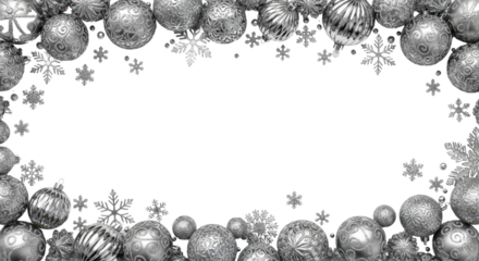Elegant Silver Christmas Ornaments and Snowflakes Horizontal Frame Border Design isolated PNG with Transparent Background