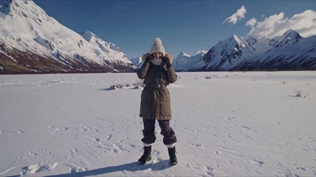 Winter Adventure in Snowy Landscape: A lone explorer stands poised amidst a vast, snow-covered expanse, surrounded by towering, snow-capped mountains under a clear, crisp sky.