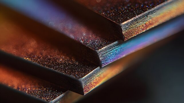 Abstract metallic surface capturing iridescent light, forming a textured pattern and colorful reflections, creating a modern geometric abstraction with micro details