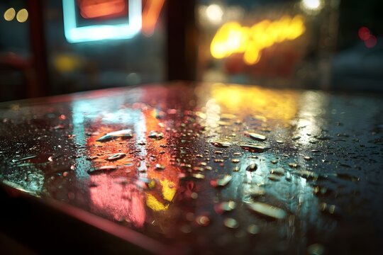 Wet surface reflecting vibrant neon city lights, many rain drops creating colorful bokeh patterns at night, modern urban atmosphere concept