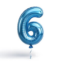 Shiny blue number six balloon isolated on white background