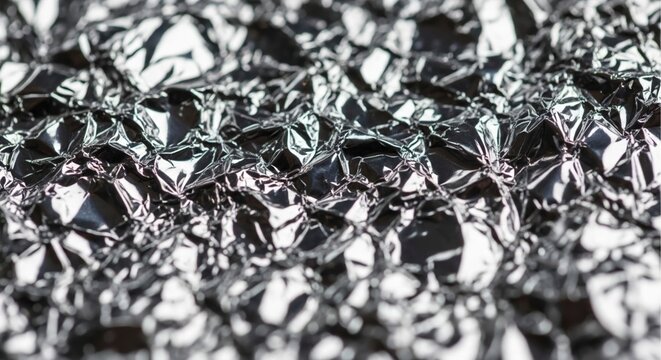 Close-up of crumpled aluminum foil texture with shiny reflections.