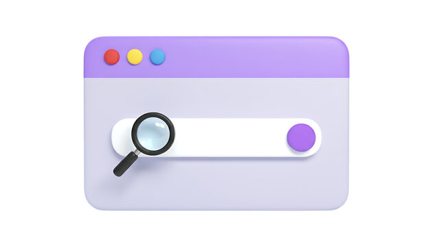 Modern 3d illustration of a stylized search bar with a magnifying glass icon on a clean pastel purple background