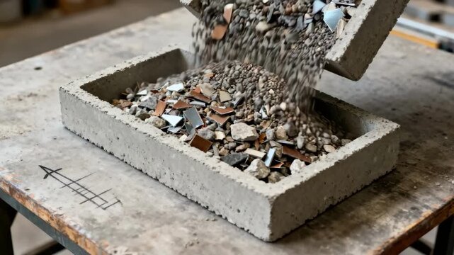 Medium shot capturing mixed aggregates composed of various recycled materials being poured into molds for new concrete slabs
