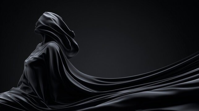 Ethereal figure in flowing black fabric against dark background evokes mystery. Flowing black fabric elegantly drapes around abstract shape, creating dynamic, ominous effect, suggesting concealment,