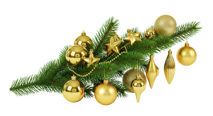 Isolated Golden Christmas Ornaments, Stars, and Balls on Green Fir Branch isolated PNG with Transparent Background
