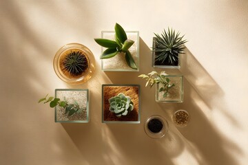 Displaying a minimalist arrangement of various succulents and plants in cube glass pots and round vessels with decorative sand. Casting shadows on a warm beige background