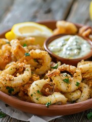 Fototapeta premium Fried squid tapas served with lemon and aioli on a rustic wooden table