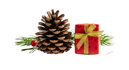 Isolated Pine Cone and Small Red Christmas Present with Gold Ribbon isolated PNG with Transparent Background