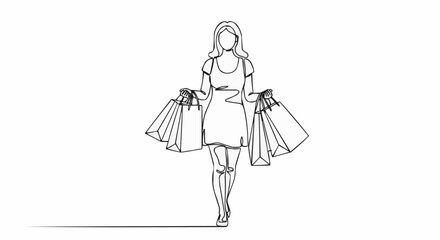 Continuous one line drawing of a woman holding many shopping bags.