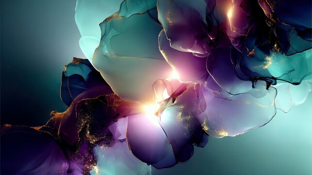 An abstract composition of flowing, translucent liquid forms in shades of purple, teal, and gold, illuminated by dramatic light.