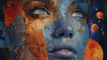 Artistic female portrait is a celebration of cosmos with celestial colors and textures, planets and nebulae create cosmic vibe. The artistic female portrait expresses femininity and universe combined.