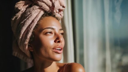 A woman with a pink towel wrapped around her head, gazing out a window in warm light.