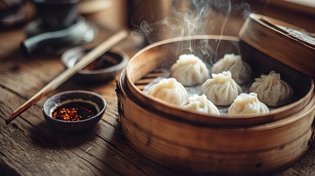 Dumplings are steaming in a bamboo steamer on a rustic wooden table, next to a bowl of chili soy sauce and chopsticks, showcasing a traditional asian meal - Powered by Adobe