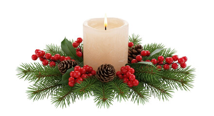 Lit Christmas Pillar Candle Centerpiece with Pine Boughs, Red Holly Berries, and Pinecones isolated PNG with Transparent Background
