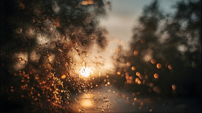Raindrops on glass window during sunset, creating abstract bokeh light pattern, blurred wet glass surface reflecting soft orange sunlight