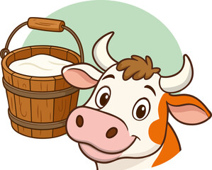 Vector illustration of fresh milk in a wooden bucket and a cow.