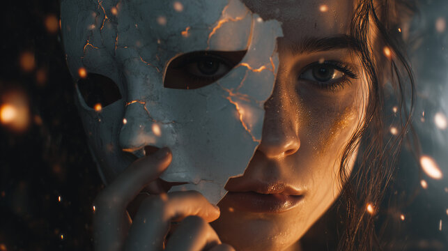 Woman holding mask, a powerful metaphor for duality and transformation. Holding mask against her face, woman explores inner identity and self-discovery. Image symbolizes holding mask to hide behind,