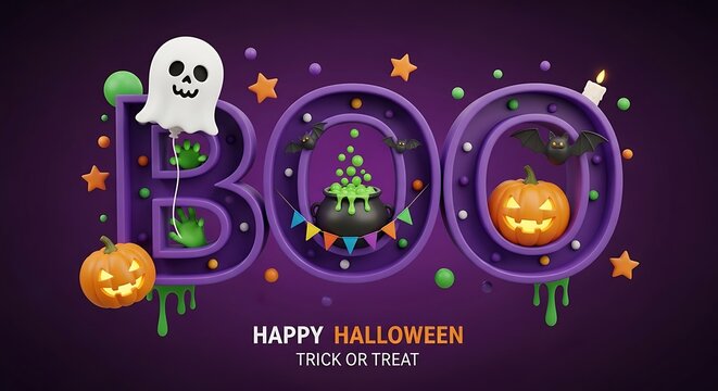 Happy halloween boo text with pumpkins, ghost, and spooky decorations