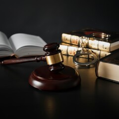 Close-up of a judge’s gavel and scales of justice placed on a wooden desk, symbolizing law, authority, and legal judgment.