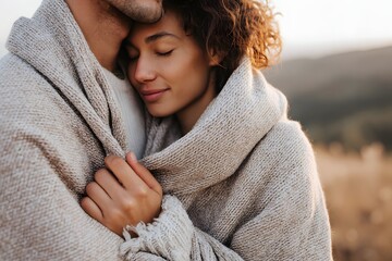 Multicultural couple embracing under a warm sun at sunset