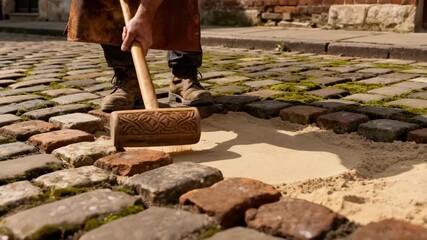 Craftsman compacting sand between cobblestones to ensure stability and longevity of a historicstyle pedestrian pavement.