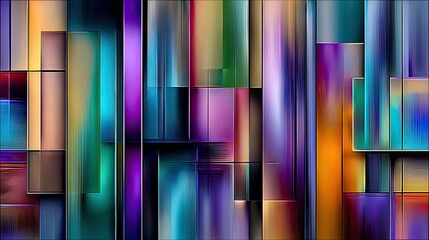 An abstract digital artwork featuring a composition of vertical rectangular shapes and stripes in a variety of vibrant colors, creating a sense of depth and mov