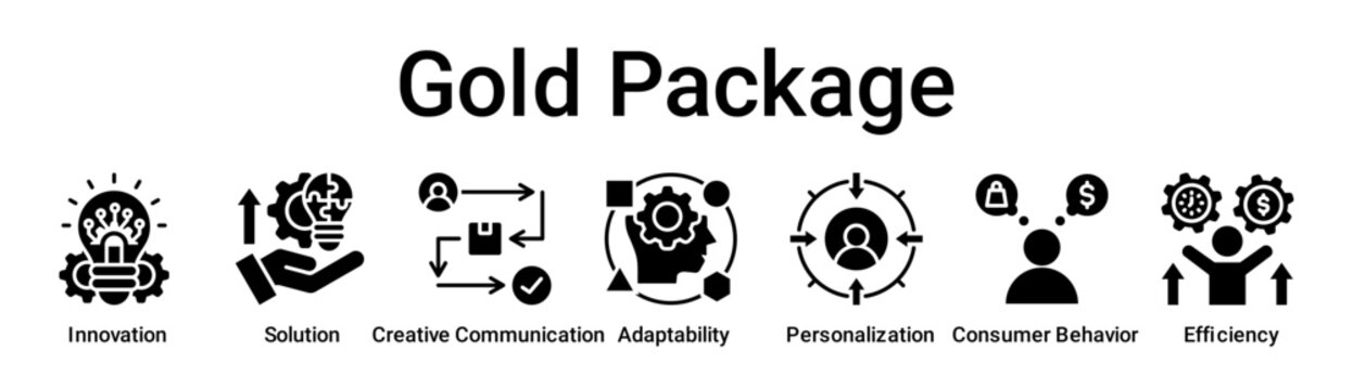 Gold Package banner web icon vector illustration concept for education with icon of Innovation, Solution, Creative Communication, Adaptability, Personalization, Consumer Behavior.
