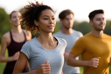 Diverse group of friends jogging together in a park during sunset