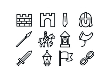Vector Medieval outline icons: castle, knight, sword, shield, and more