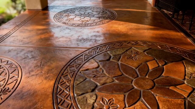 Medium shot of a stamped concrete patio showcasing intricate patterns and rich earth tones highlighting the artistic finishing on the surface.