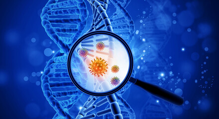 A magnifying glass focuses on a DNA strand and virus. DNA strand with magnifying glass. 3d illustration