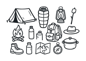 Vector Hand-drawn camping essentials: tent, backpack, lantern, sleeping bag, and more